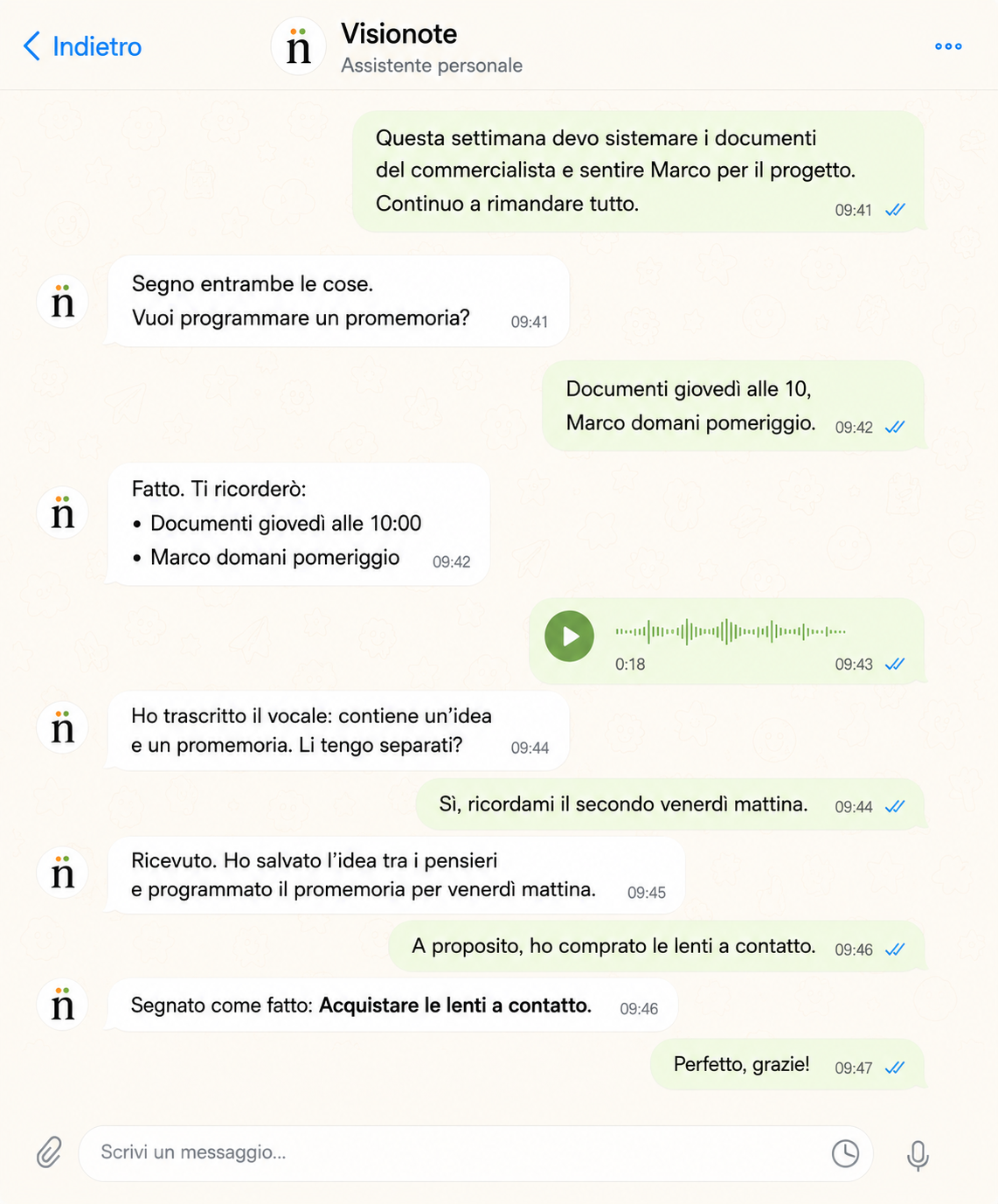 Una conversazione Telegram in cui Visionote organizza pensieri, promemoria e attività